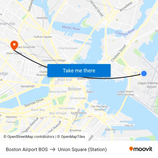 Boston Airport BOS to Union Square (Station) map