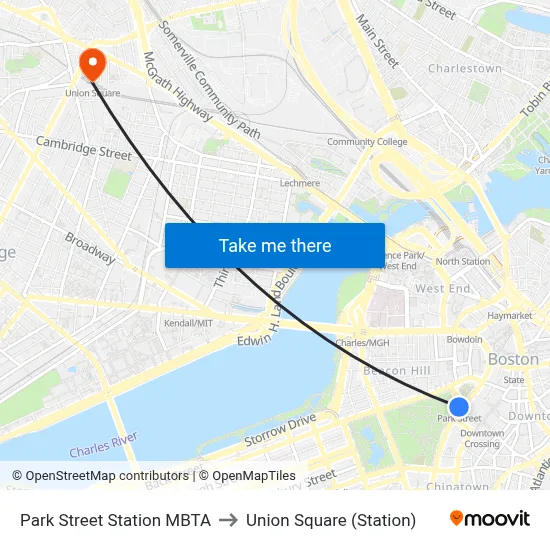 Park Street Station MBTA to Union Square (Station) map