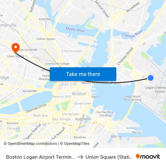 Boston Logan Airport Terminal C to Union Square (Station) map