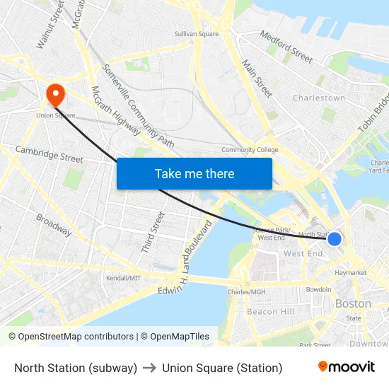 North Station (subway) to Union Square (Station) map