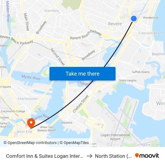 Comfort Inn & Suites Logan International Airport to North Station (subway) map