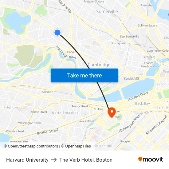 Harvard University to The Verb Hotel, Boston map