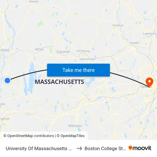 University Of Massachusetts Amherst to Boston College Station map