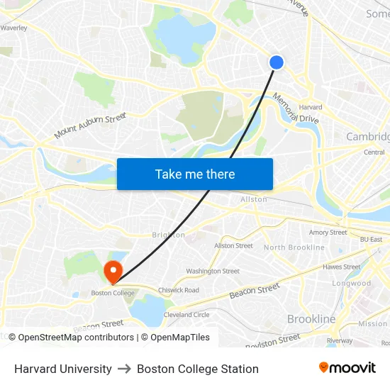Harvard University to Boston College Station map