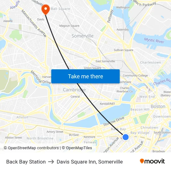 Back Bay Station to Davis Square Inn, Somerville map