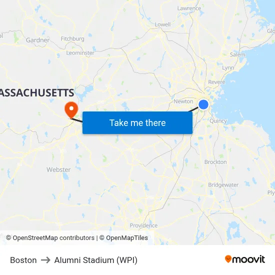 Boston to Alumni Stadium (WPI) map