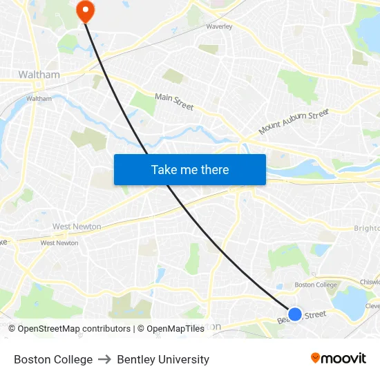 Boston College to Bentley University map