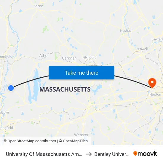 University Of Massachusetts Amherst to Bentley University map