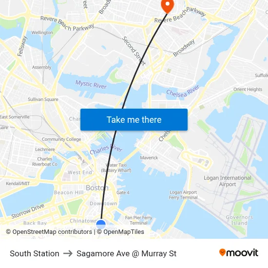 South Station to Sagamore Ave @ Murray St map