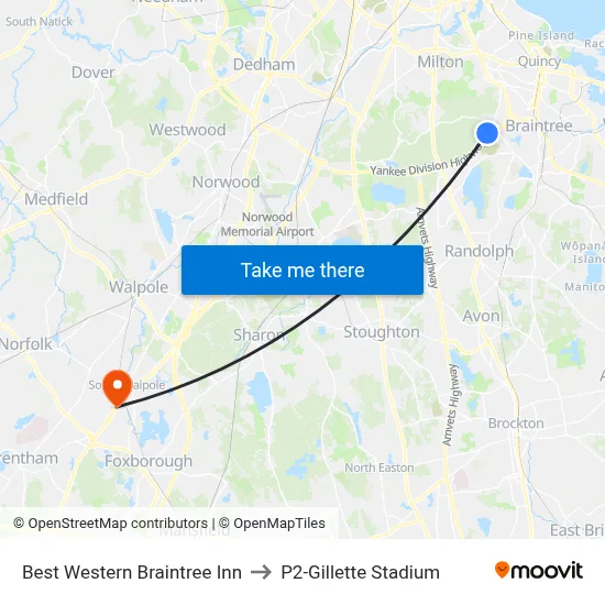 Best Western Braintree Inn to P2-Gillette Stadium map