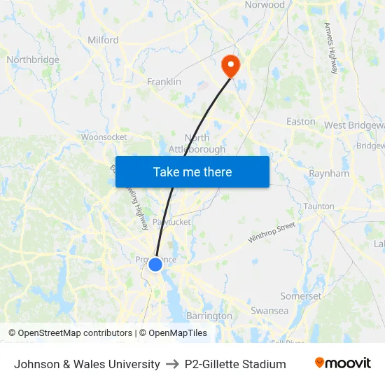 Johnson & Wales University to P2-Gillette Stadium map