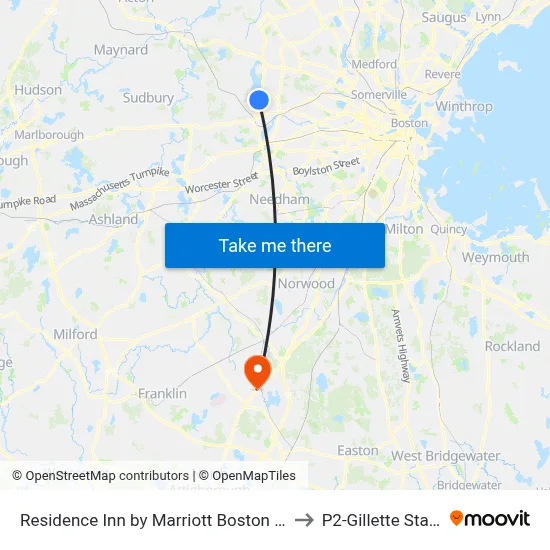 Residence Inn by Marriott Boston Waltham to P2-Gillette Stadium map