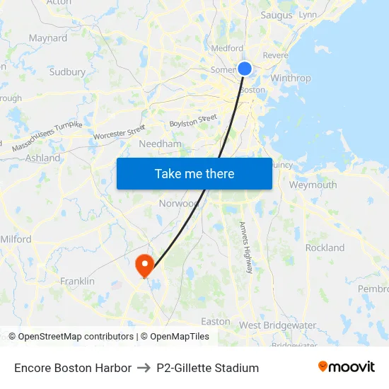 Encore Boston Harbor to P2-Gillette Stadium map