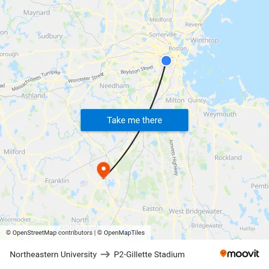 Northeastern University to P2-Gillette Stadium map