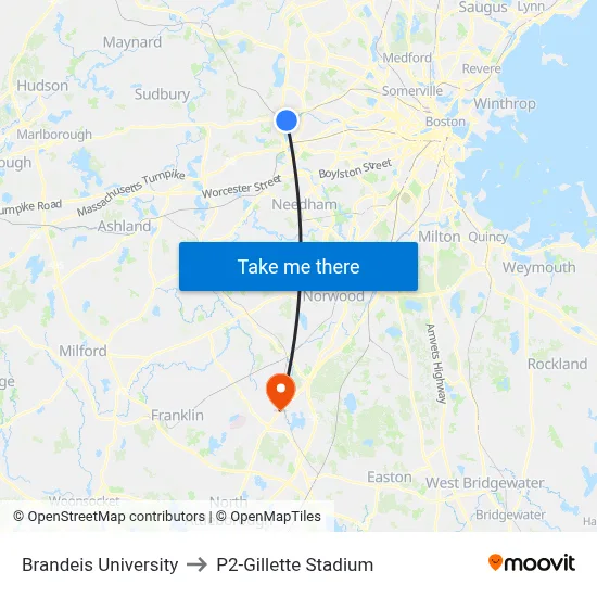 Brandeis University to P2-Gillette Stadium map