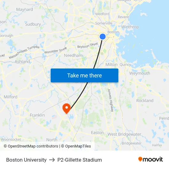 Boston University to P2-Gillette Stadium map