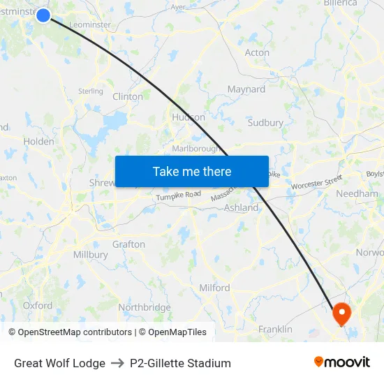 Great Wolf Lodge to P2-Gillette Stadium map