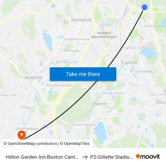 Hilton Garden Inn-Boston Canton to P2-Gillette Stadium map