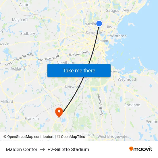 Malden Center to P2-Gillette Stadium map