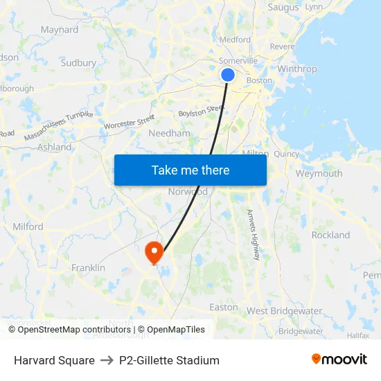 Harvard Square to P2-Gillette Stadium map