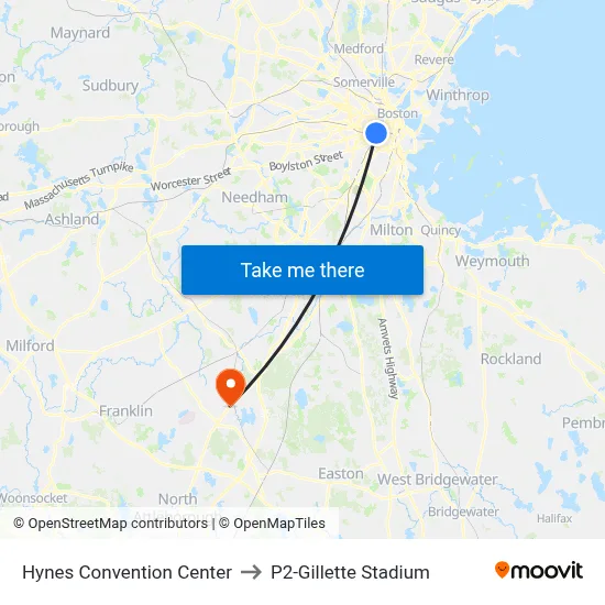 Hynes Convention Center to P2-Gillette Stadium map