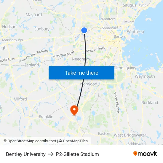 Bentley University to P2-Gillette Stadium map