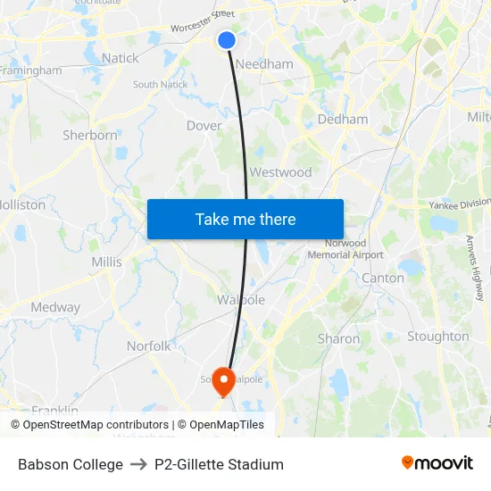 Babson College to P2-Gillette Stadium map