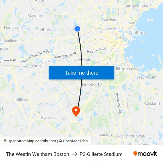 The Westin Waltham Boston to P2-Gillette Stadium map