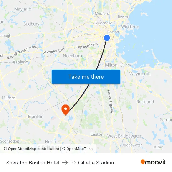 Sheraton Boston Hotel to P2-Gillette Stadium map