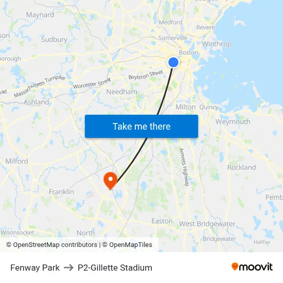 Fenway Park to P2-Gillette Stadium map