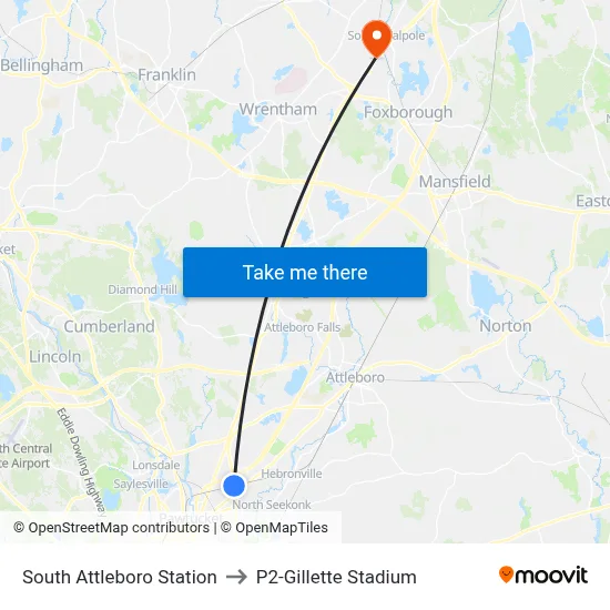 South Attleboro Station to P2-Gillette Stadium map