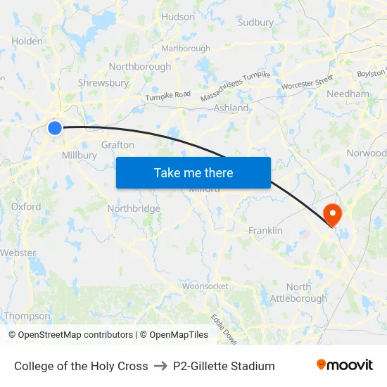 College of the Holy Cross to P2-Gillette Stadium map