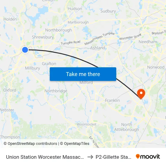 Union Station Worcester Massachusetts to P2-Gillette Stadium map