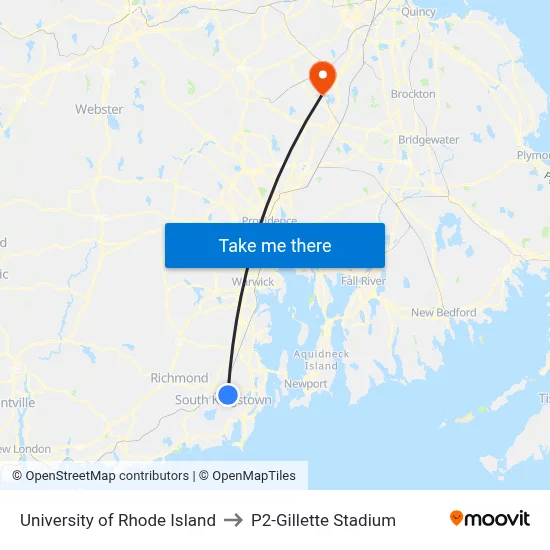 University of Rhode Island to P2-Gillette Stadium map