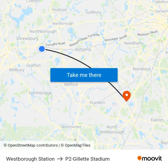 Westborough Station to P2-Gillette Stadium map