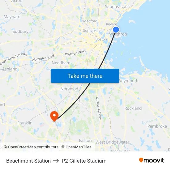 Beachmont Station to P2-Gillette Stadium map