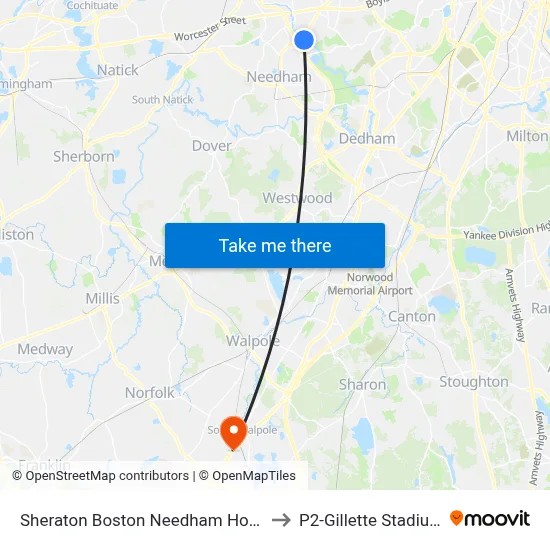 Sheraton Boston Needham Hotel to P2-Gillette Stadium map