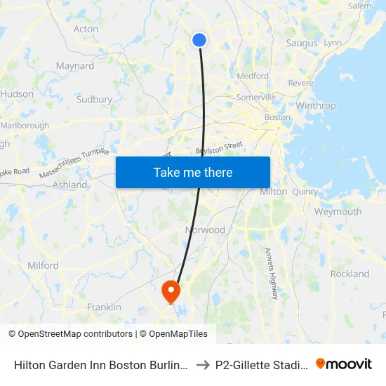 Hilton Garden Inn Boston Burlington to P2-Gillette Stadium map