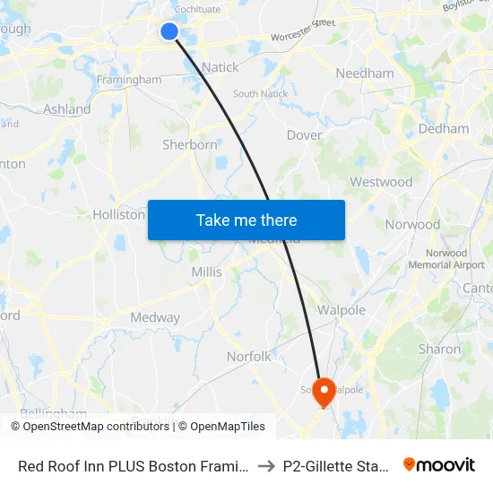 Red Roof Inn PLUS Boston Framingham to P2-Gillette Stadium map