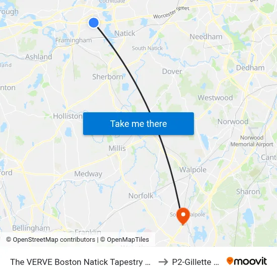 The VERVE Boston Natick Tapestry Collection by Hilton to P2-Gillette Stadium map