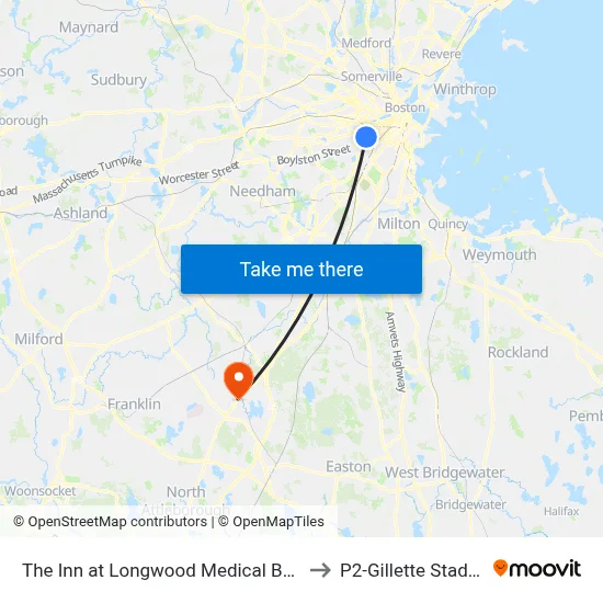 The Inn at Longwood Medical Boston to P2-Gillette Stadium map