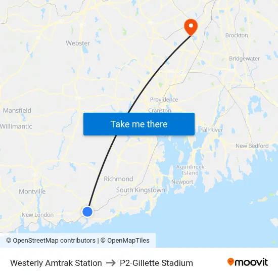 Westerly Amtrak Station to P2-Gillette Stadium map