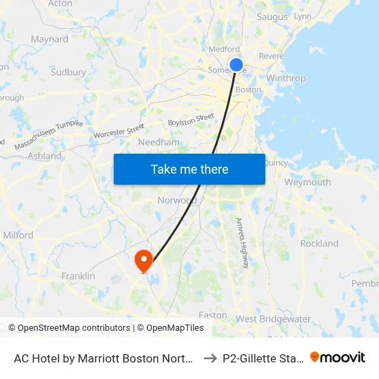 AC Hotel by Marriott Boston North Medford to P2-Gillette Stadium map