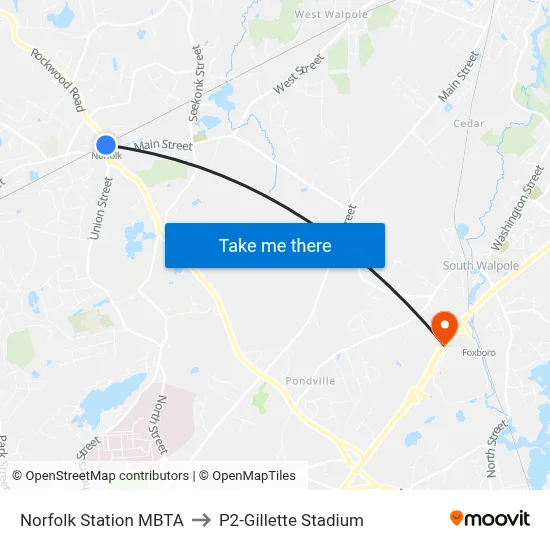 Norfolk Station MBTA to P2-Gillette Stadium map