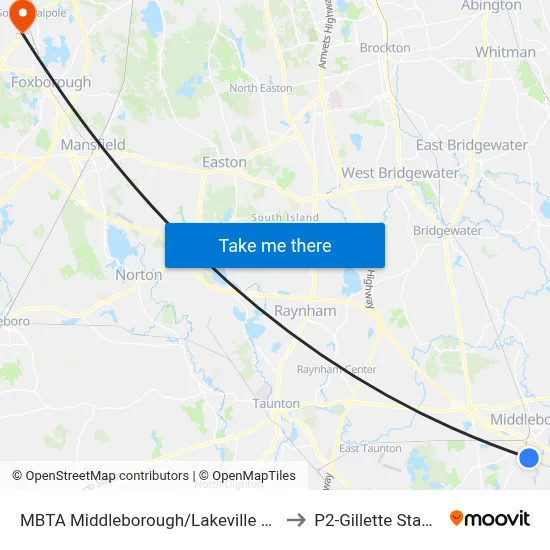 MBTA Middleborough/Lakeville Station to P2-Gillette Stadium map