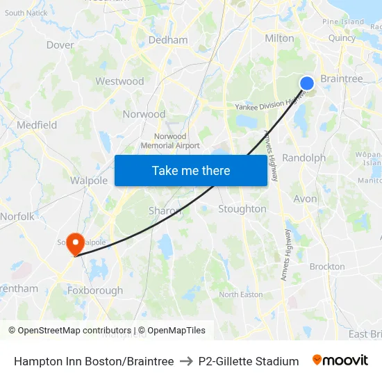 Hampton Inn Boston/Braintree to P2-Gillette Stadium map