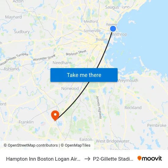 Hampton Inn Boston Logan Airport to P2-Gillette Stadium map