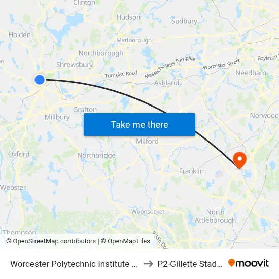 Worcester Polytechnic Institute (WPI) to P2-Gillette Stadium map