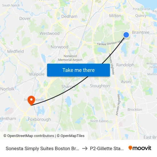 Sonesta Simply Suites Boston Braintree to P2-Gillette Stadium map