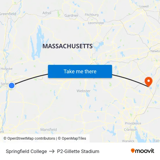 Springfield College to P2-Gillette Stadium map